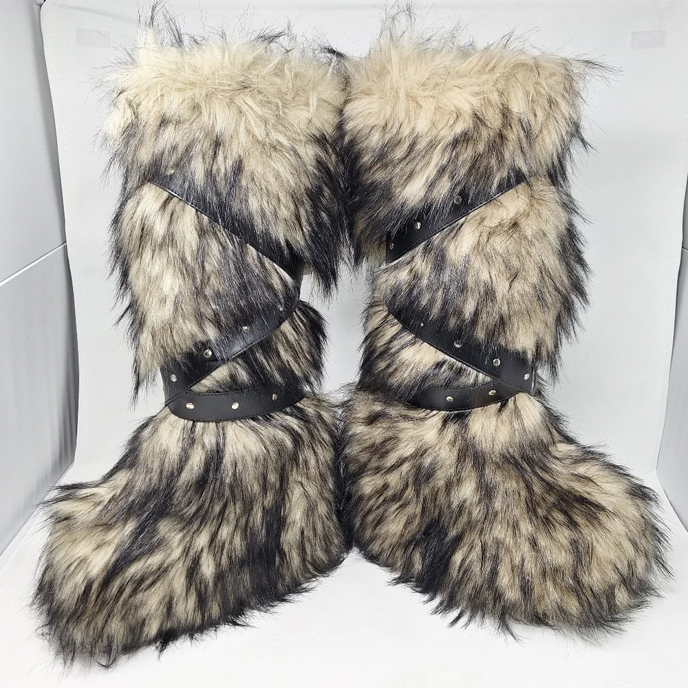 Dolls Kill Club Exx Knee High Fur Wedge Platform Boots Black Tan Studs Buckles